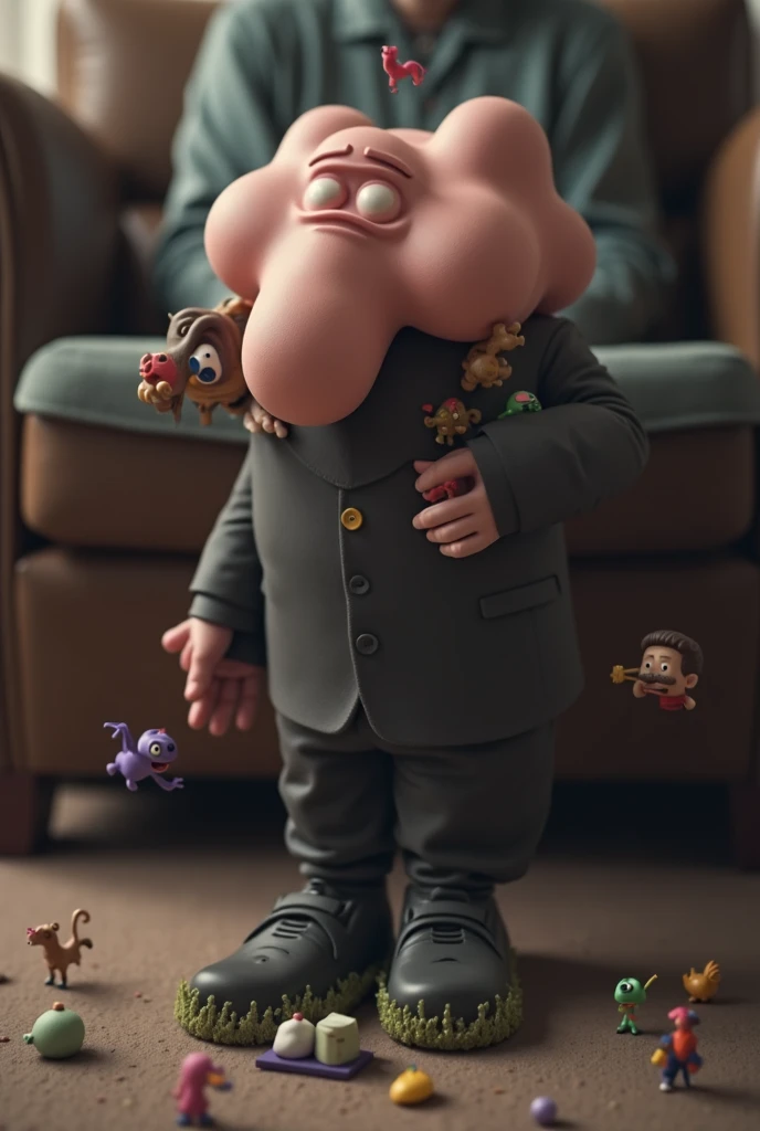 Black suit for baby, arms crossed, realistic animated style