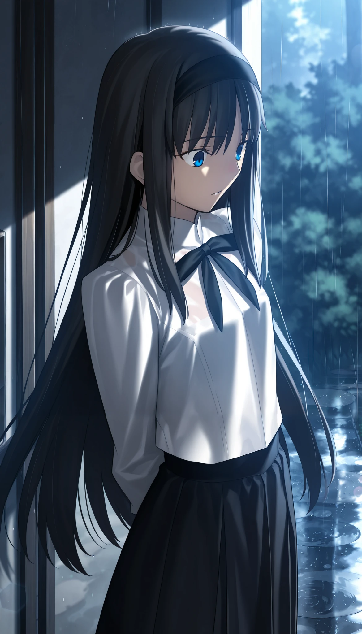 masterpiece, , absurdres, highres, detailed background, high resolution, masterpiece, necessary, detail, best quality, quality, necessary, details, High details, Precise, dark, outdoors, dappled sunlight, day, lens flare, blurry background, from above, upper body, from side,                                            
                                                                                                                                                                                                                         1girl, , Takeuchi Takashi (type-moon,tsukihime) style, takeuchi takashi style, 
   
tall girl, mature, Akiha_Tohno, (tsukihime), black hair, bangs, long hair, blue eyes, upturned eyes, black headband, straight hair, tsurime, ,(arms behind back), surprised, wide-eyed,
(white shirt, black long skirt), undress black ribbon, small breast, flat chest, , looking down, rain, 