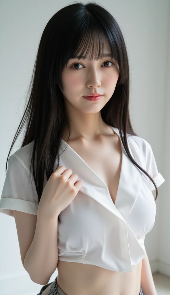 Hands to the mouth、Sit up、maid cosplay、One lady、(Long black hair1.4)、With bangs、Nice style、A sexy、(Colossal tits:1.2)、(​masterpiece、top-quality)、((20 year old woman:1.2))、Young adorable Japan face, dewy skin, Soft portrait shots,8K,、very extremely beautiful、Looking at the camera、,full body Esbian、Hands are off-screen