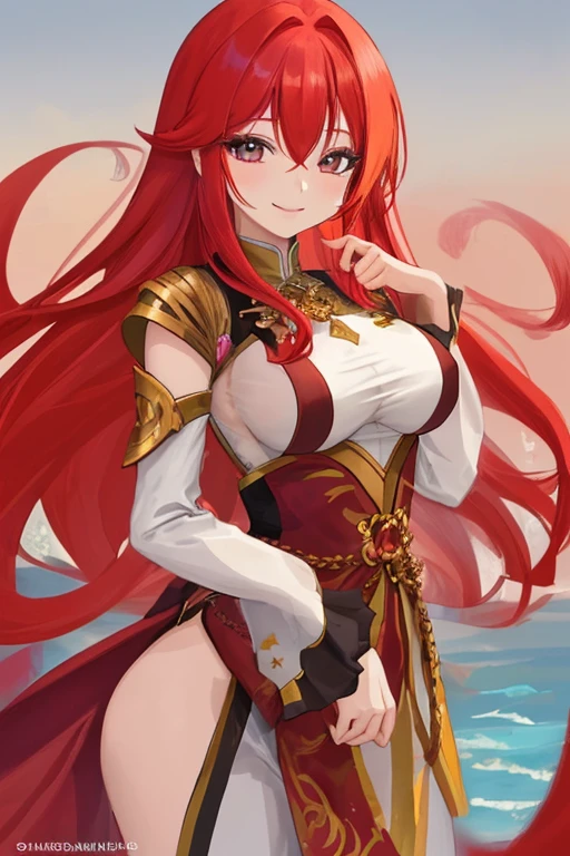 young girl, long curly red hair, Green eyes, large breasts, musculature, barbarian, Smile, teeth, Futhark tattoo, Dressed in a bearskin, Sleeves, open belly, open breasts, Masterpiece, hiquality, 4k, HD, Good detail