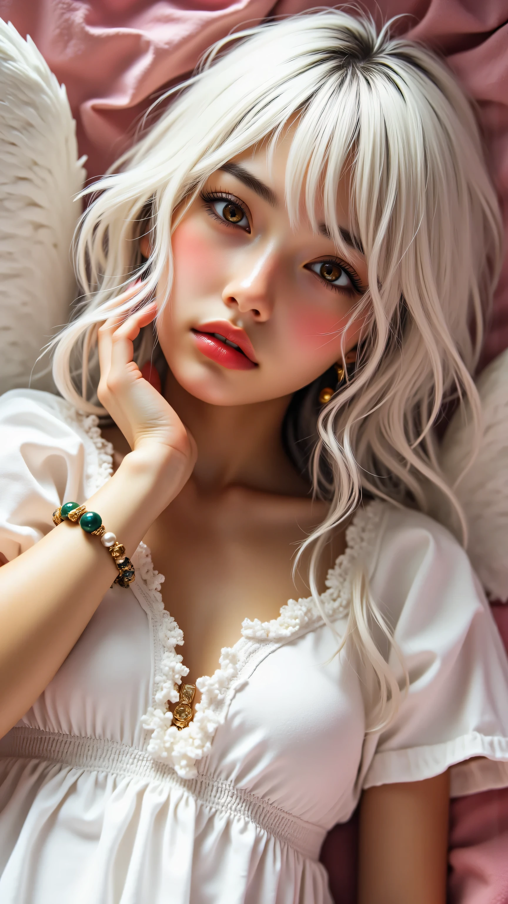 8k, Masterpiece, Top Quality, High-angle, close-up, white hair, dark skin, yellow eyes, golden earrings, green bracelet, white dress, wings, lying down, relaxed pose, pink bedding, soft lighting, minimal background.