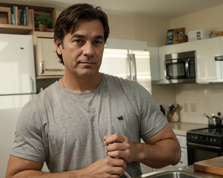 A middle-aged man looks at himself in the mirror