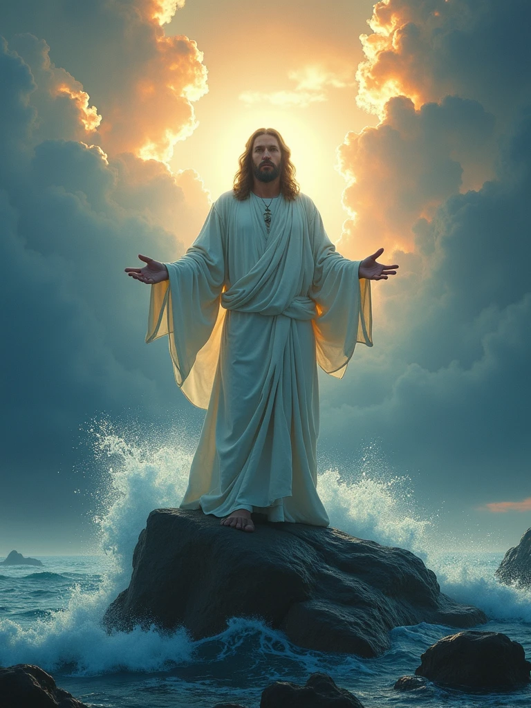 evocative image of a serene, Jesus-like figure hovering gracefully above ominous and dark waters. The figure should emanate a gentle and comforting light, casting a reflection on the troubled surface below. Convey a sense of divine presence and peace amidst the ominous surroundings. The divine figure should be radiating out bright white light