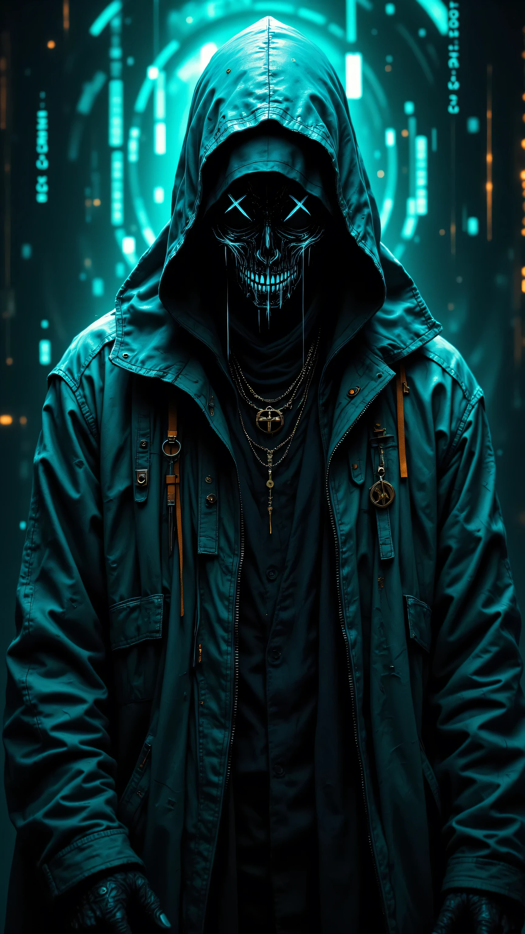 8k, Masterpiece, Top Quality, Eye-level, hooded, mask, jacket, teal, binary code, digital, technological, skull, X's, dark, mysterious, tech-savvy.
