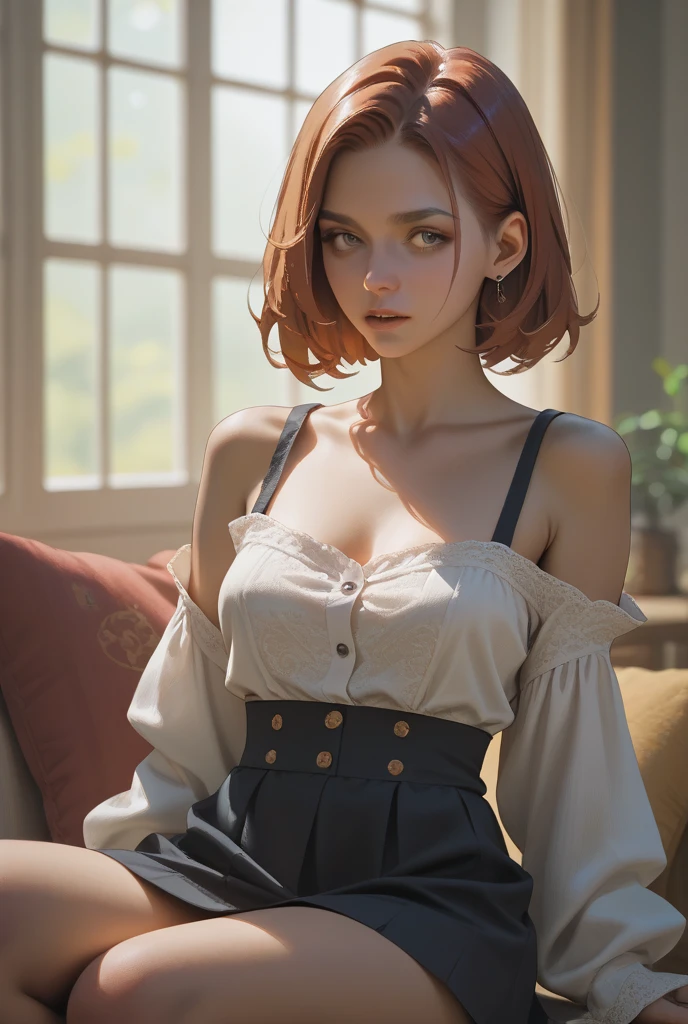 A curly-haired girl with short red hair, She has a mole next to the upper left corner of her lip, Smooth face, slightly rounded face, The chin is not pointed, Relatively large eyes, and a slightly collapsed nose