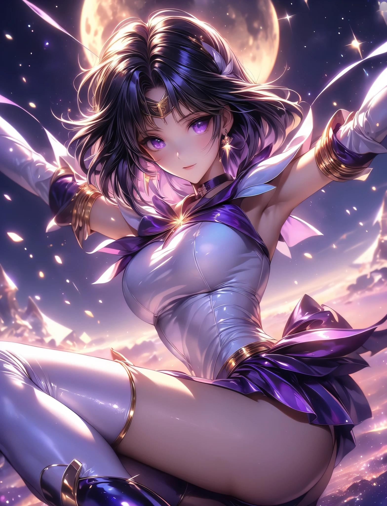 (alone:1 . 6 )(((SFW、Highest quality、 A first-class masterpiece 、 normal human body 、8k、 Detailed Faces 、very accurate、 real color 、5See also、Highest)))、Sailor Saturn,sailor moon、(black hair , short hair :1.2), ((sailor warrior uniform:sailor color,)),((very large red ribbon in the center of the chest :1.2,Enamel purple boots, White patent leather gloves:,Elbow pads ,enamel purple skirt,1 very large red ribbon on the back of the waist:1.2, golden circle on forehead :1.2、neck ribbon ,earrings、LUXURY GOLD JEWELRY DECORATION)),Big Breasts、((, shiny enamel white leotard that fits tightly:1.ailor warrior pose :1 . 4) .,(widen legs:1.1)(alone:1 . 6 )、(Scattering against a cosmic background 、 , moonと星の背景 , night sky , Dynamic Frame 、moon明かりの光線、moon、Dynamic Backgrounds、 Detailed Background ))(Top Quality)) , (ultra high definition) , (Super Detail)