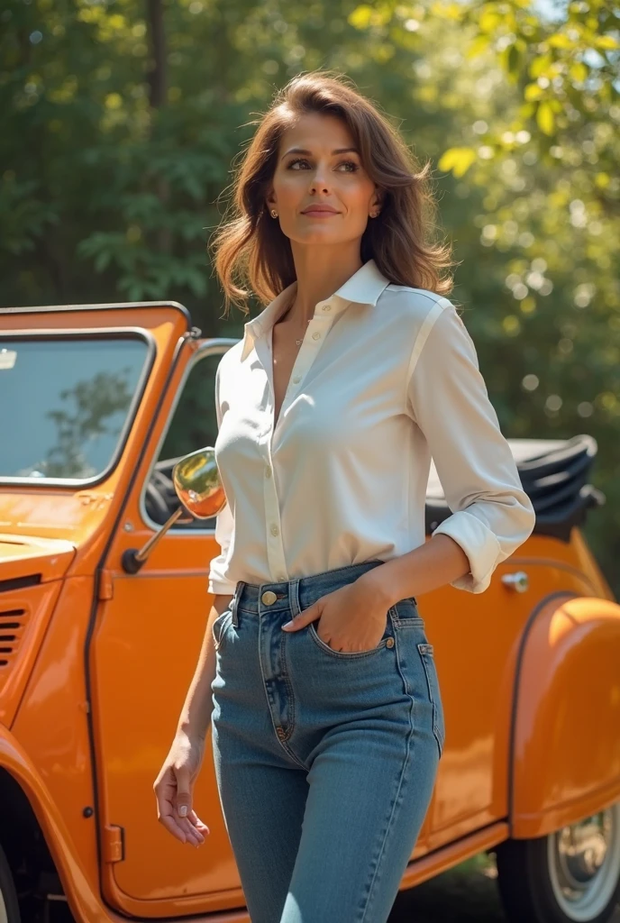 a woman in Jeans and a white shirt leaning on a car, in front of  Eifiil tower, by José Comas Quesada, J. Scott Campbell, J Scott Campbell, by Mario Bardi, by Giorgio Cavallon, by Carlo Maderna, by Alfredo Volpi, beautiful comic art, ( Art Fitzpatrick ), by Eugenio Granell, by Ignacio Zuloaga, Zenescope.