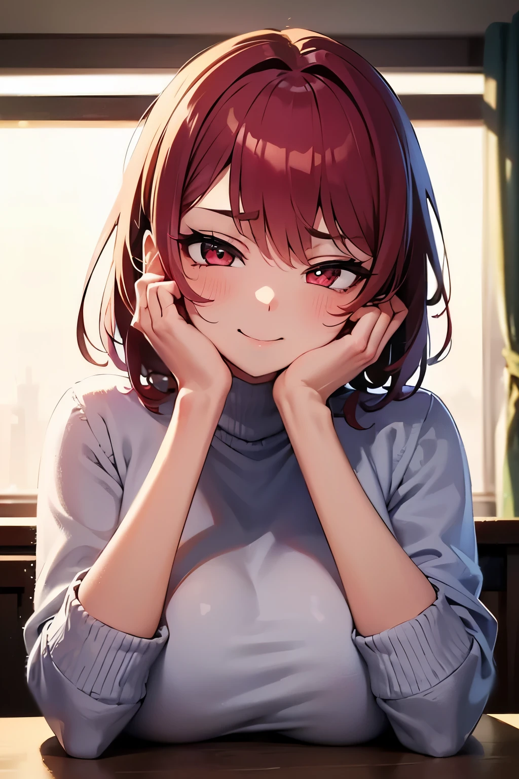 masterpiece, Best Quality, Illustration, Ultra-detailed, finely detail, hight resolution, 8K Wallpaper, Perfect dynamic composition, Beautiful detailed red eyes, sweater, short pink hair, big breasts, curvy, sneering, a 18 year old girl, (kawaii:1.3), (Beautie:1.2), Sexy shot looking at camera, sidelong glance, glares, sullenness, Downer, make up, colored contact lens, (hands on own cheeks:1.5), (恍惚な表情:1.3), crazy smile, upper body, (yandere:1.2)