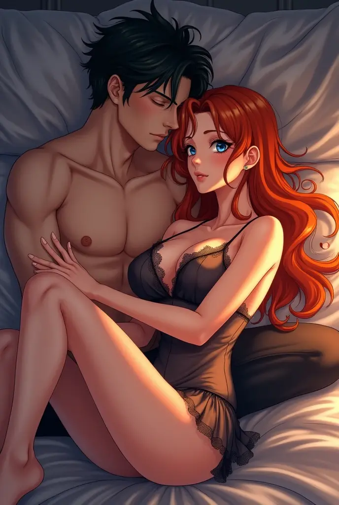 Jessica Rabbit is in front of a young ager boy, she has big tits and a big ass, she is wearing a lingerie,she is tall, bedroom