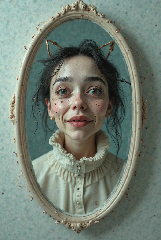 a 20 year old girl had sweetened condensed milk splashed on her face ((sitting on the bed looking up with a disgusted expression with her mouth closed))