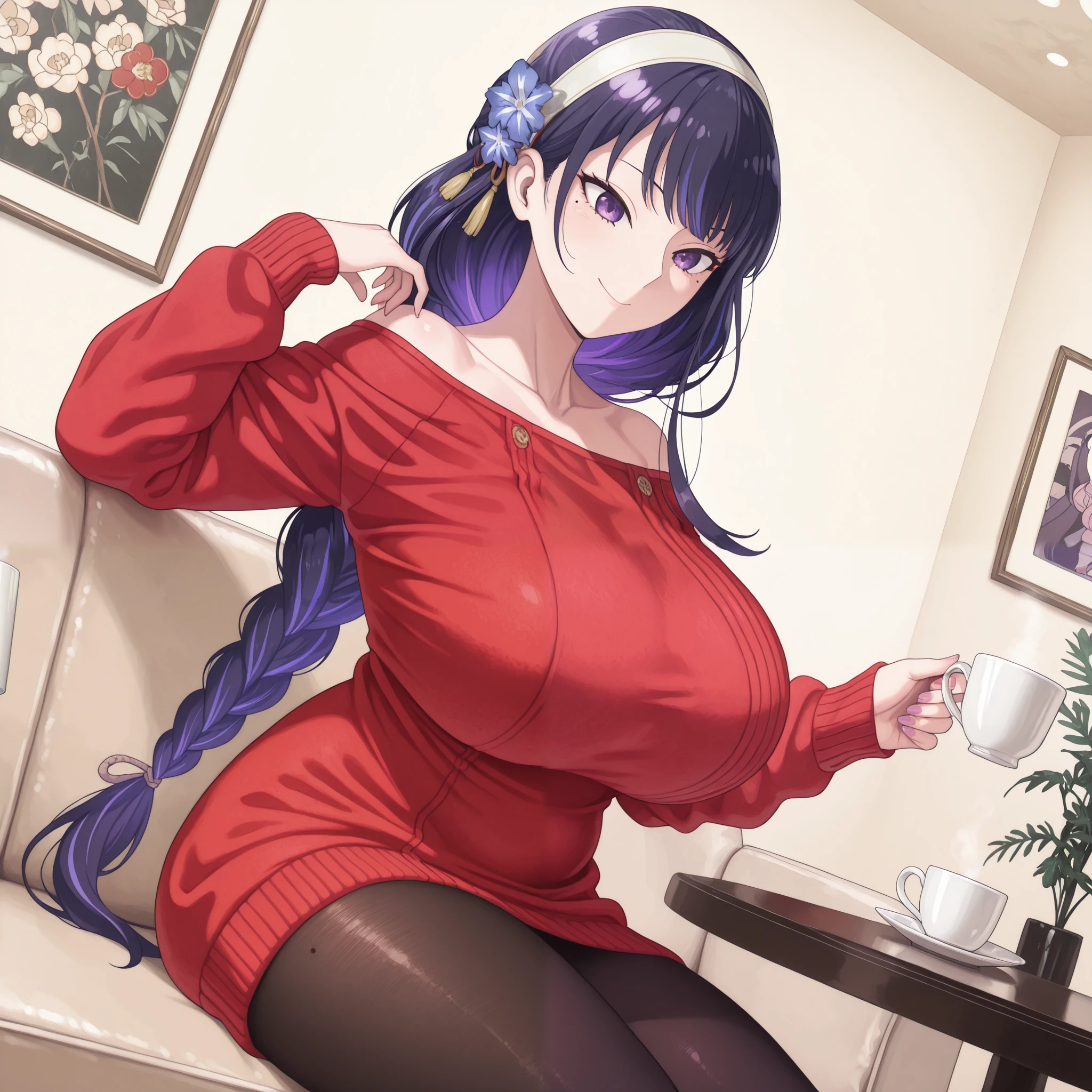 masterpiece, high quality, top quality, very aesthetic, absurd, raiden shogun, braid, headband bun, long hair, one mole, one mole under eye, purple eyes, purple hair, Off shoulder sweater , Off-shoulder drees sweater , medium long drees sweater , Off shoulder sweater , red sweater, shiny black pantyhose, sitting on the sofa holding a cup of coffee, beautiful purple eyes, long purple hair, very big breasts, serious face, sexy pose, solo woman, anatomical details, drawstring, beautiful purple eyes, purple hair, smile, sexy, indoor, best quality, good eye, solo woman , livingroom , look a viewer, plump thighs, perfect background, Oppai / Large breasts slim body, only one woman, perfect big thighs, beautifull apartment livingroom, side, 4k resolution, ( yor briar clothes), side, decorative flowers on the table, front angle, 1girl