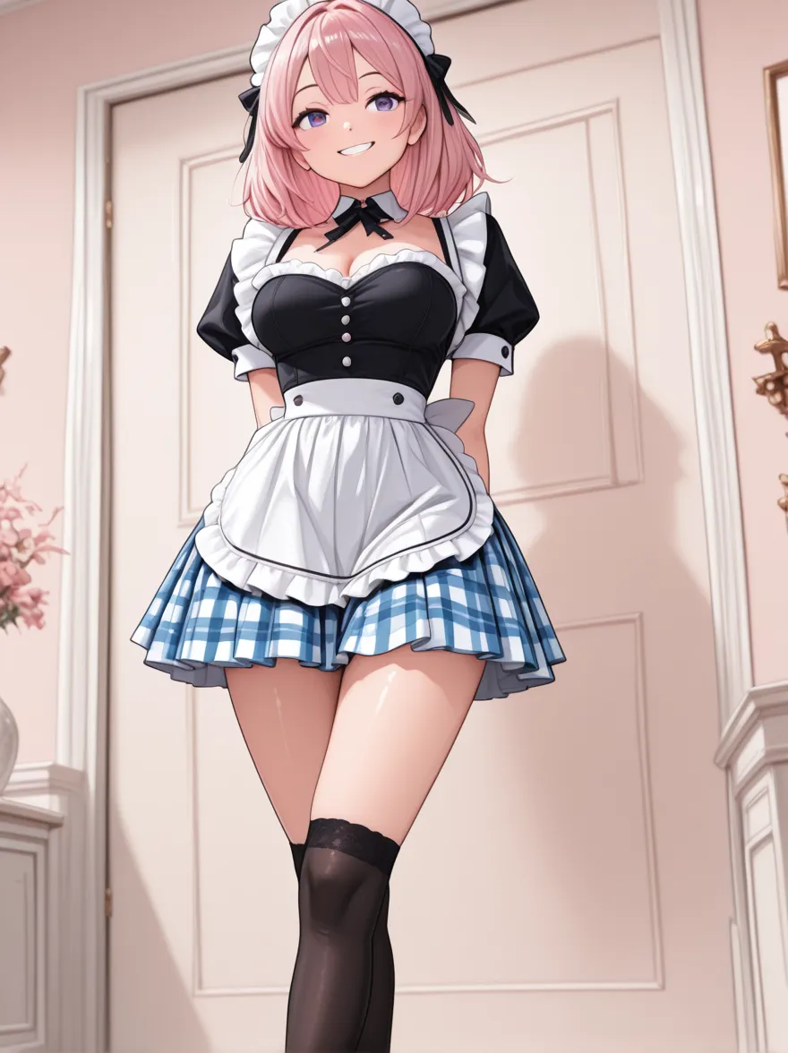 Best quality, femme, sexy, mignonne, jupe rose, talon, penché en avant, cambre, lifts her skirt slightly to the side, beaux seins, provocatrice, sourire
