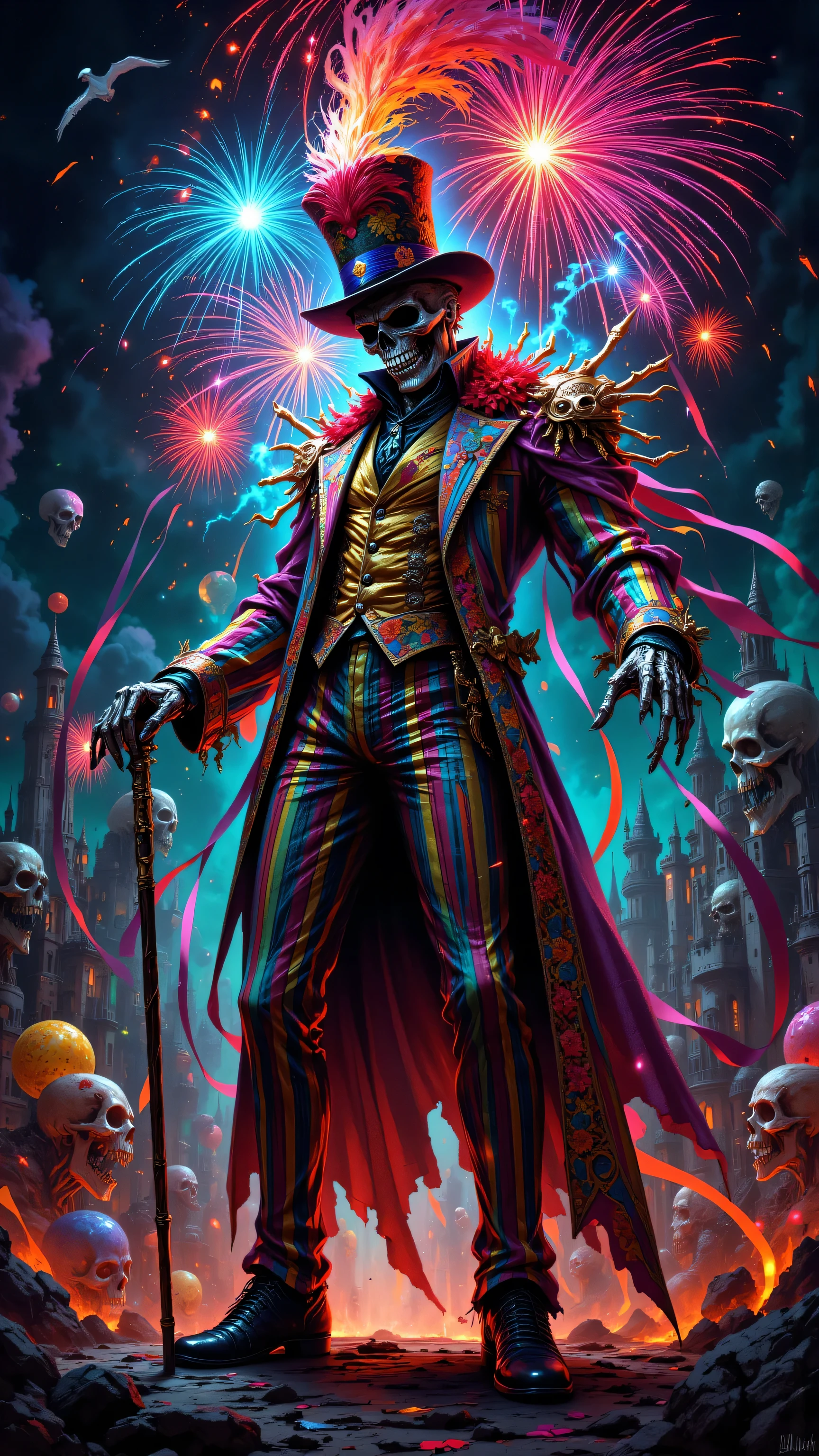 8k, Masterpiece, Top Quality, Low-angle . Skeletal character. Multicolored striped suit. Large feathered top hat. Cane. Dynamic pose. Fireworks. Rainbow ribbons. Castle-like structures. Swirling background. Skull. Psychedelic. Fantastical. Celebratory. Macabre.