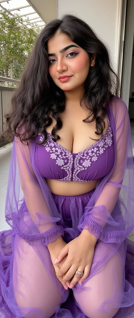 extreme close up photo of sexy pujitha, big cheeks, curvy, hourglass figure, swooping breasts, deep cleavage, doing push ups hold onto a terrace wall, ponytail, necklace, purple see through saree, look at viewer and subtle smile, (cinematic:1.3), intricate details, (ArtStation:1.2)