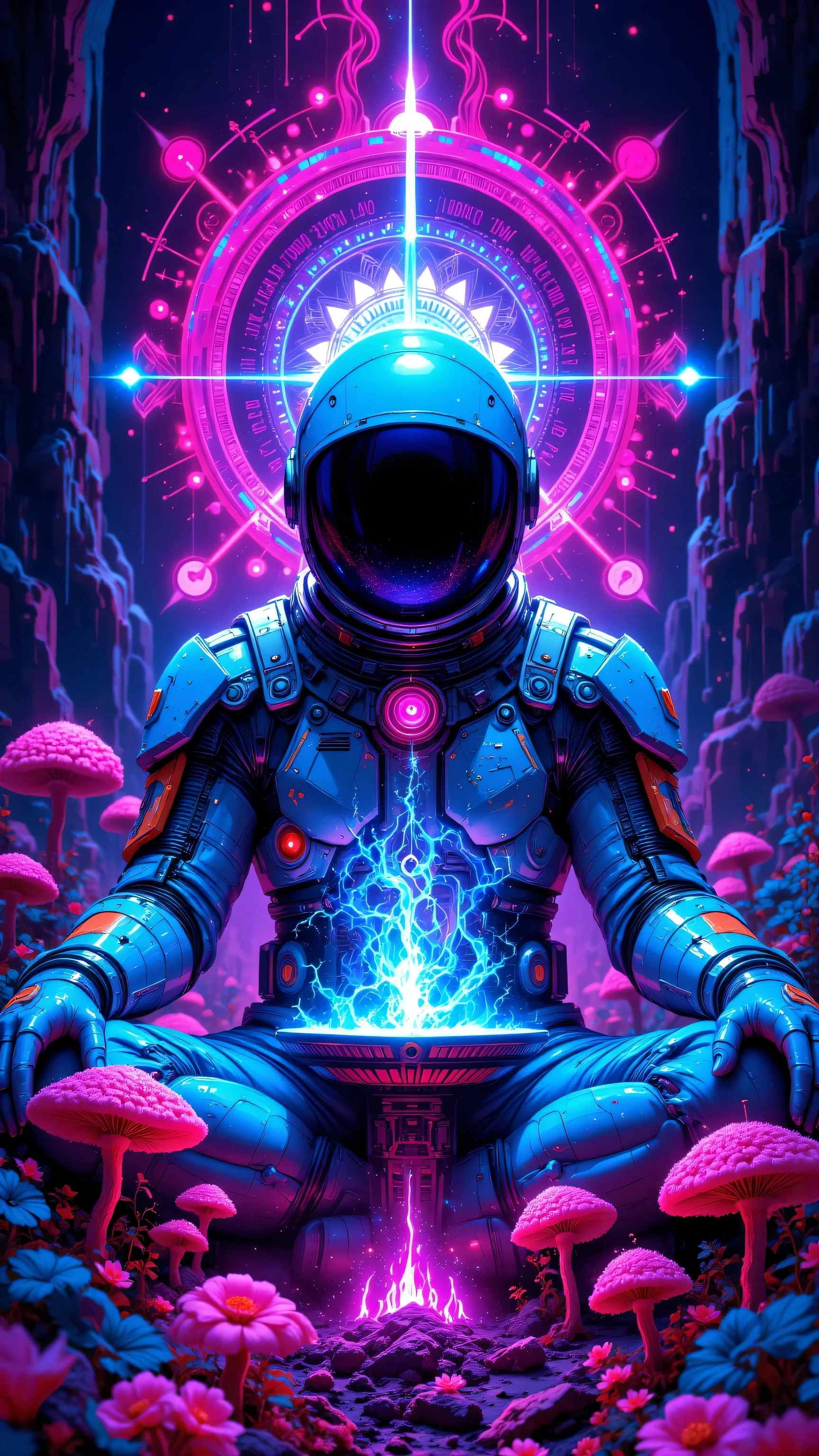 A man in a space suit sitting on a mushroom covered ground - SeaArt AI