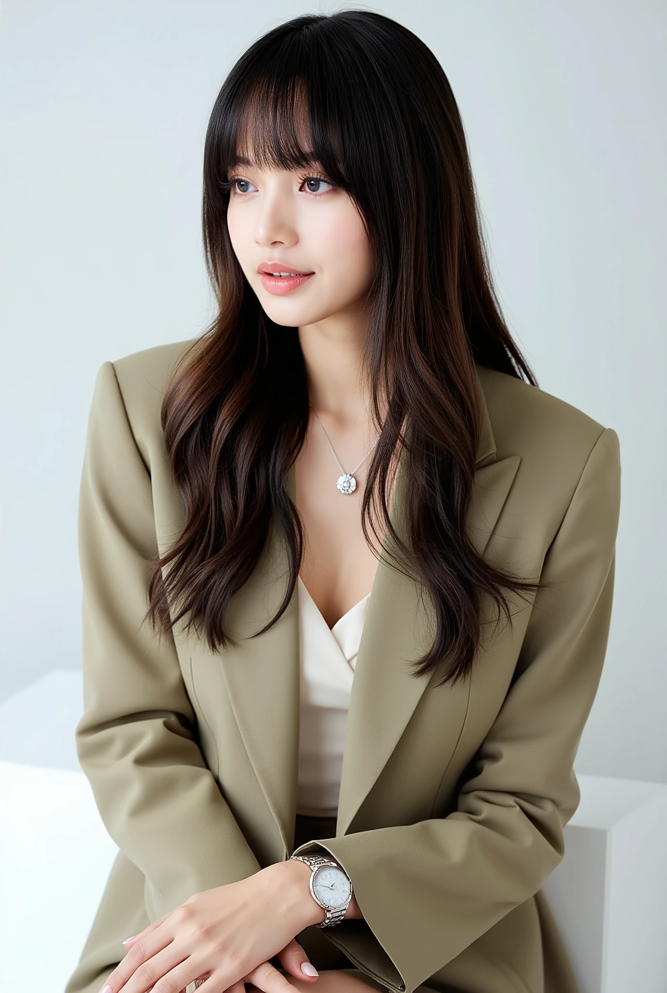 Create a stunning portrait of a beautiful Japanese female singer. The image should resemble a fashion magazine gravure shoot, showcasing her slender physique, small chest, and slim legs. She has long hair with bangs and is dressed in stylish spring fashion. Capture her striking pose to highlight her elegance and charm.