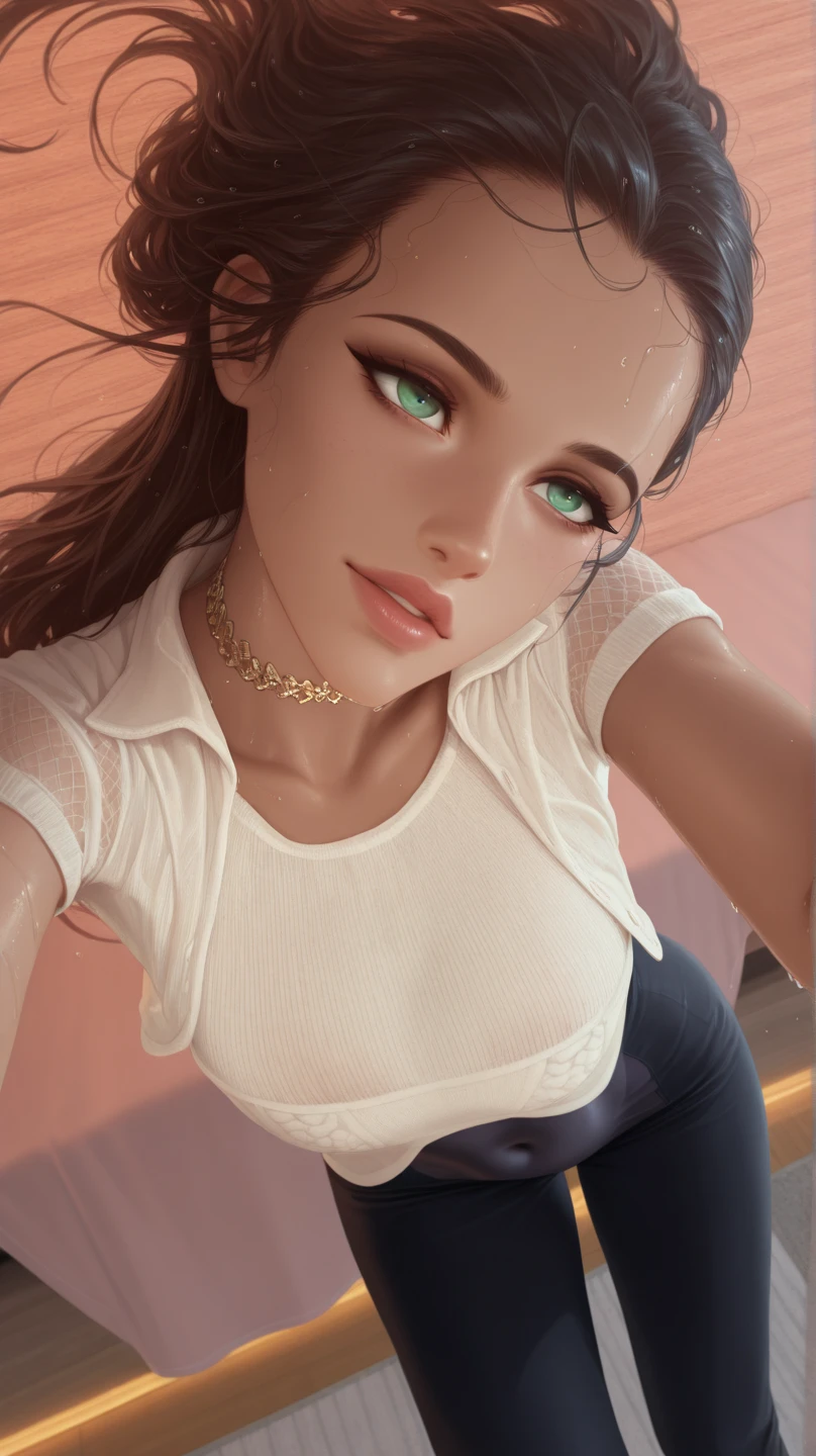 very young slim fit girl, full height, rounded face, very long disheveled dark brown hair, big brown eyes, shy smile, (perfect flat breast:1.3), band on head with fake cat ears, sashagrey, short tight blue pleated skirt, belt, topless, by Sasha Khmel