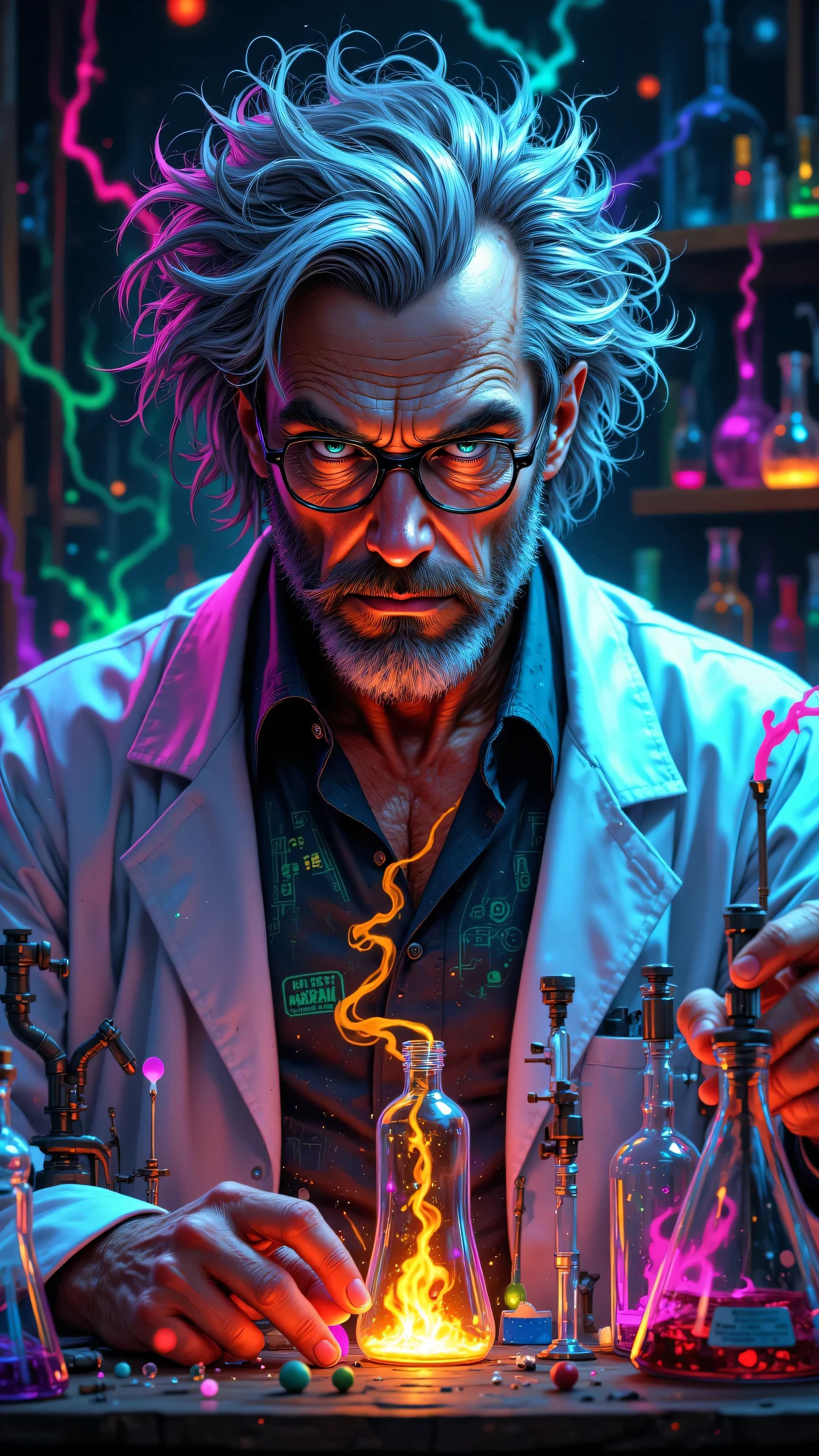 conceptual artwork, Great Evocative "Corrective Chaos Theory", Intricate details, trends on artstation, thunderstorm, designed by Artgerm and Rubens, ultra HD, depressing, sidelight, f/1.8, dslr, high qualiy, ais-waterdrops. A character dressed as a doctor, with a white coat, but with elements that refer to finance, like a stethoscope that has a coin on the end.