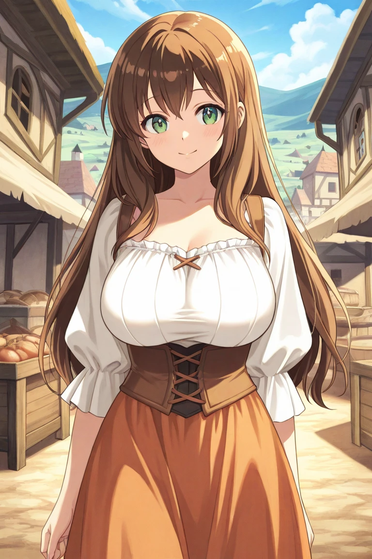 (holo:1.5), (holoBrownDress:1.5), masterpiece, best quality, absurdres, 1girl, looking at viewer, standing, cowboy shot, outdoors, medieval, cobblestone street, town, pouch, sash, smile, fruit, apple, basket,huge breast, curvy, silver hair, white hair, full body, flipflops,, smiling open mouth
