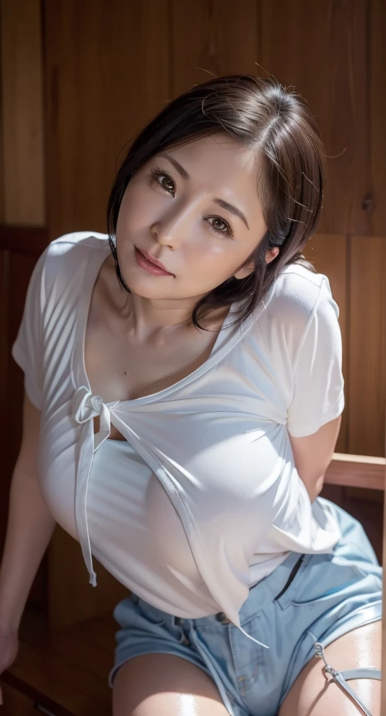 do, highest quality, (Highly detailed CG Unity 8K wallpaper), (highest quality),edge orgasm、faceフォーカス、woman with open mouth and closed eyes、woman with edge_face、48 years old、brown hair、Bathroom、((Sweat) ),((Sweatで光る肌))((Sweatで光る鎖骨,Sweatで光るface)),((Sweatだくの肌))((Sweatで濡れた肌)), big breasts、white blouse、