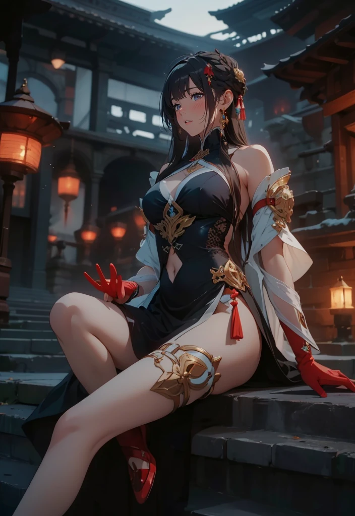 Black rabbit eared woman standing, masterpiece, top quality, SFW, 1girl, perfect face, trending in CG Society, HD screenshots, long rabbit ears, black hair, seductive girl, plump breasts, big breasts, long hair, style 3D, black color with long rabbit ears, red eyes, bangs with bonyum, model pose, sexy pose, Woman in black dress, kimono, sea, blue sky, red eyeliner, sitting, hands on floor, precision hands, legs open, showing pants