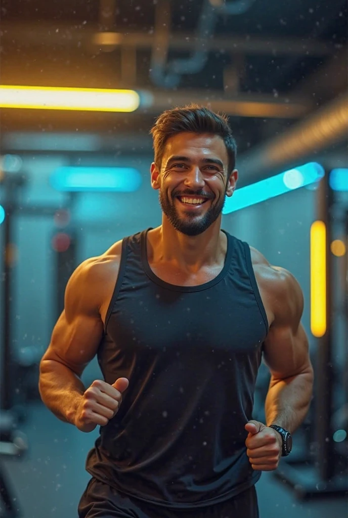 A North African man resembling Amine Harit, clean-shaven with no beard and short hair, taking a selfie at the gym while staring in the mirror with a charming look.