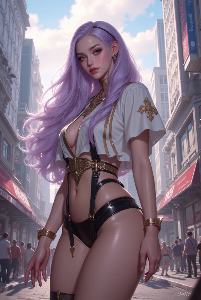 a beautiful furry woman with pale skin, long colorful hair, furry wolf ears, fangs, bell, wearing a thong and t-shirt, in a dynamic sexy pose, detailed anatomy, middle eastern women, on the streets, beside the beach, (best quality,4k,8k,highres,masterpiece:1.2),ultra-detailed,(realistic,photorealistic,photo-realistic:1.37),highly detailed facial features, beautiful detailed eyes,beautiful detailed lips,extremely detailed eyes and face,long eyelashes,intricate details,hyper realistic,cinematic lighting,warm color tones,vibrant colors,volumetric lighting