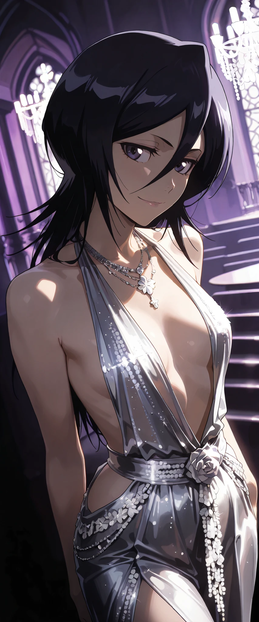 1 woman, kuchiki rukia, dutch angle, dark hair, dark purple eyes, revealing dress, beautiful necklace, seductive smile, elegant pose, silver themed, manor, chiaroscuro, cinematic lights, masterpiece, high quality, highly detailed