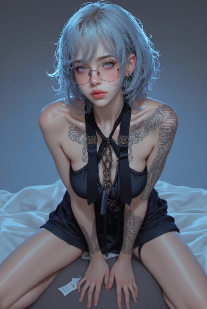 ((Лучшее качество)), ((шедевр)), (подробный), 1girl, bed, bed sheet, bedroom, black nails, black shorts, blush, breasts, closed eyes, clothes pull, ear piercing, earrings, female pubic hair, fishnet legwear, fishnets, jewelry, lip piercing, lying, masturbation, medium breasts, nail polish, navel, navel piercing, nipple piercing, nipples, on back, on bed, pantyhose, piercing, pillow, purple hair, self fondle, short hair, shorts, shorts pull, solo, sweat