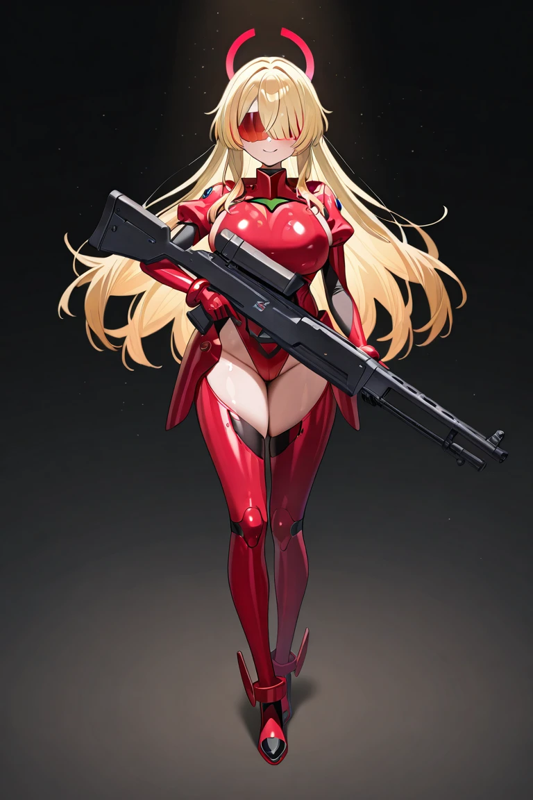 masterpiece, best quality, highres, (yellow bodysuit:1.2), grin, holding weapon, rifle, christmas, christmas tree,