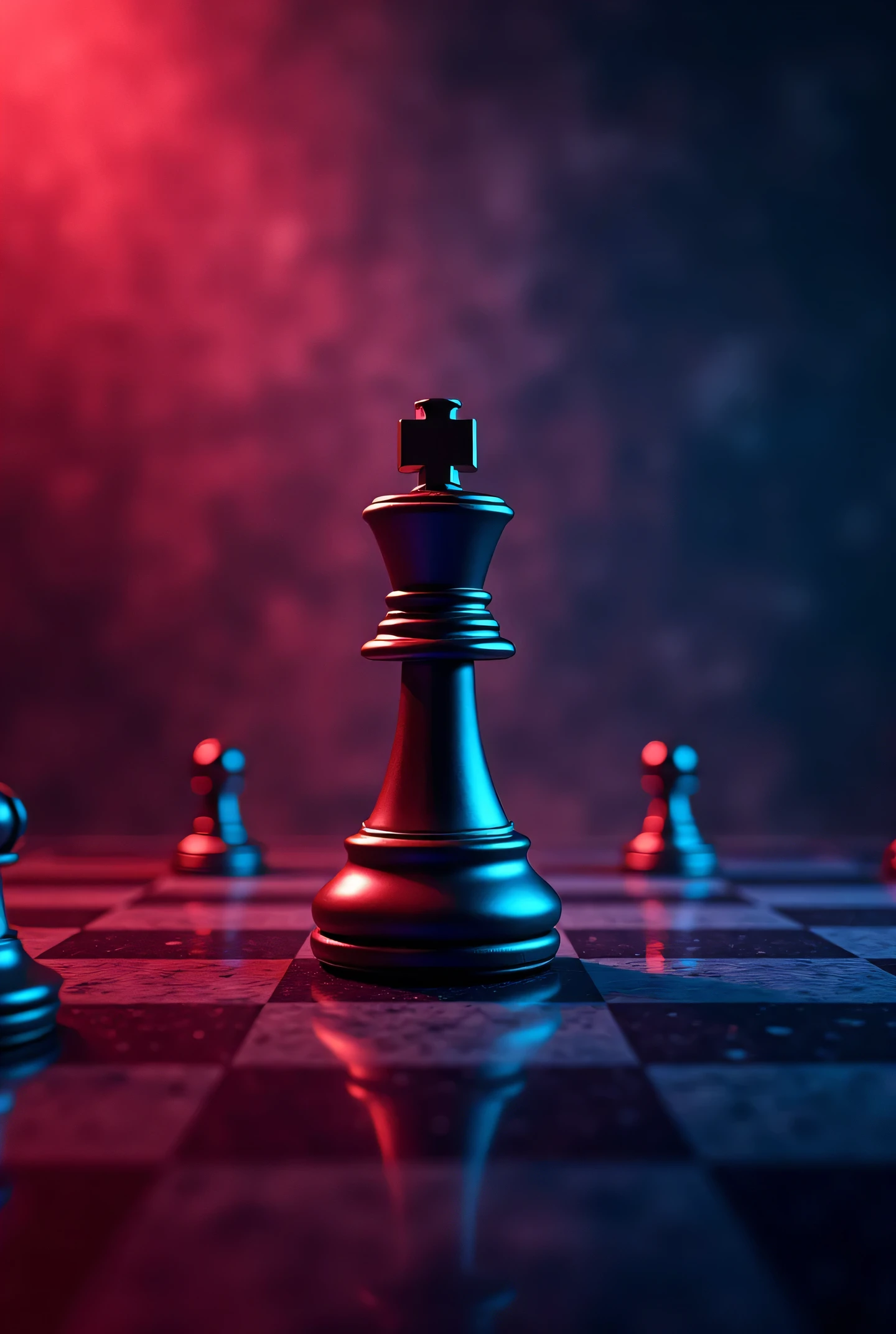 Chess pieces on the game table with bright neon effects, cinematic lighting, design super elegante, ultra HD
