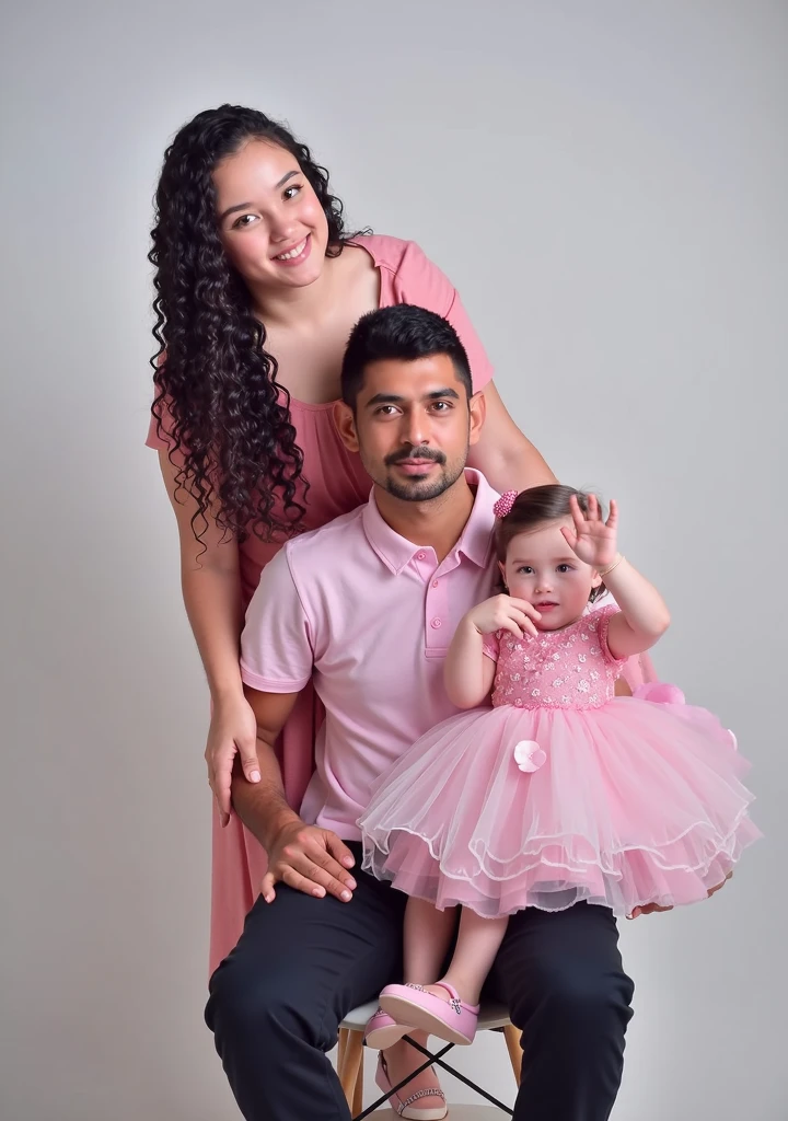 man, his wife and daughter posing for a photo with a baby, the mother in pink dress and her daughter with salmon colored dress, father with beige pants and dress shirt in baby pink, in the forest, image in 4k, garden and background with a castle in the background, with a lake next to it, sunset