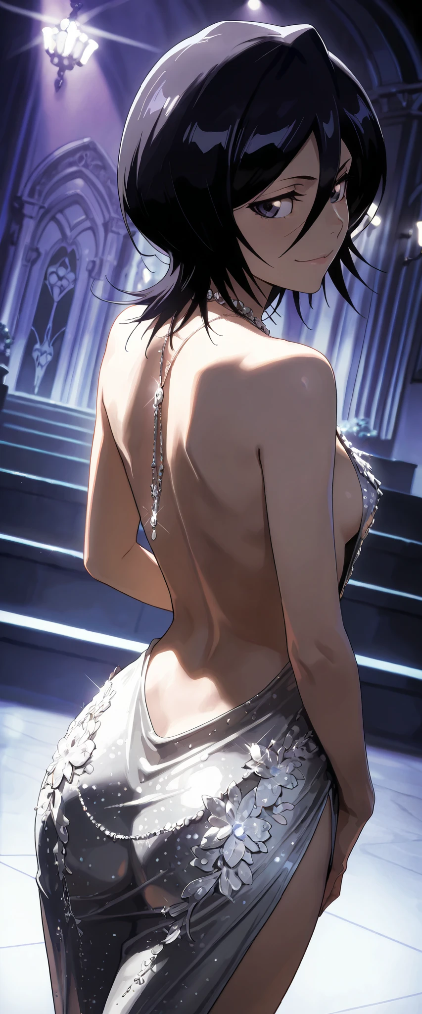 1 woman, kuchiki rukia, dutch angle, from behind, dark hair, dark purple eyes, revealing dress, beautiful necklace, seductive smile, elegant pose, silver themed, manor, chiaroscuro, cinematic lights, masterpiece, high quality, highly detailed