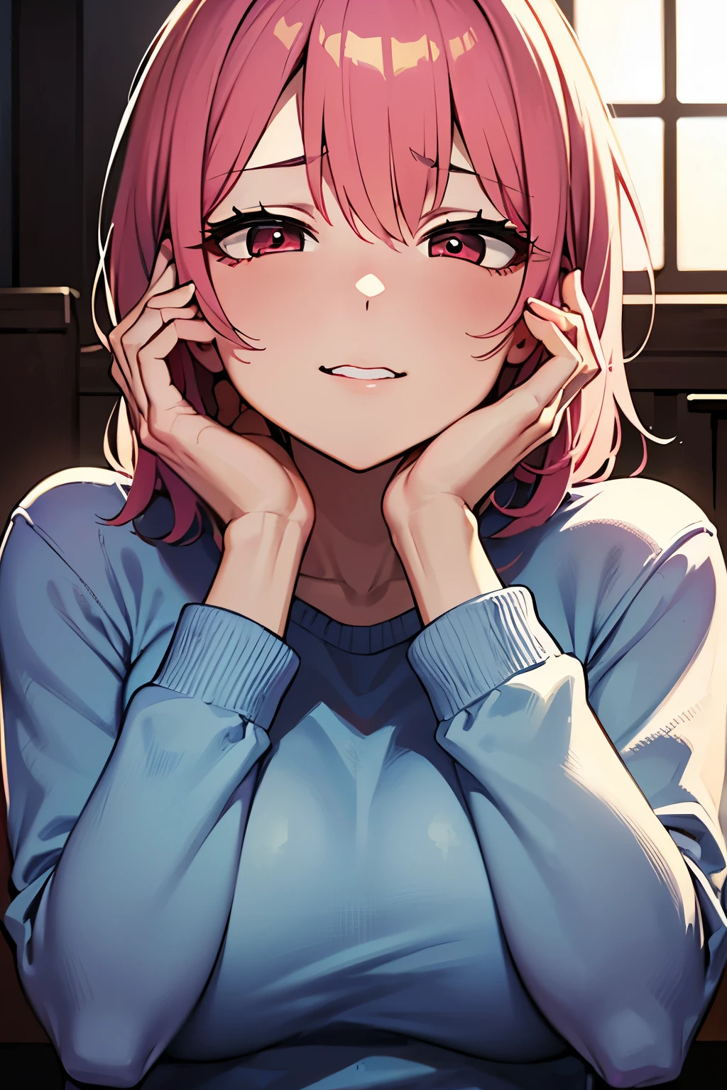 masterpiece, Best Quality, Illustration, Ultra-detailed, finely detail, hight resolution, 8K Wallpaper, Perfect dynamic composition, Beautiful detailed red eyes, sweater, short pink hair, big breasts, sneering, a 18 year old girl, (kawaii:1.3), (Beautie:1.2), Sexy shot looking at camera, sidelong glance, glares, sullenness, Downer, make up, (hands on own cheeks:1.7), (恍惚な表情:1.5), crazy smile, upper body, (yandere:1.4), (妖しく輝く瞳:1.2), 少し開いた口