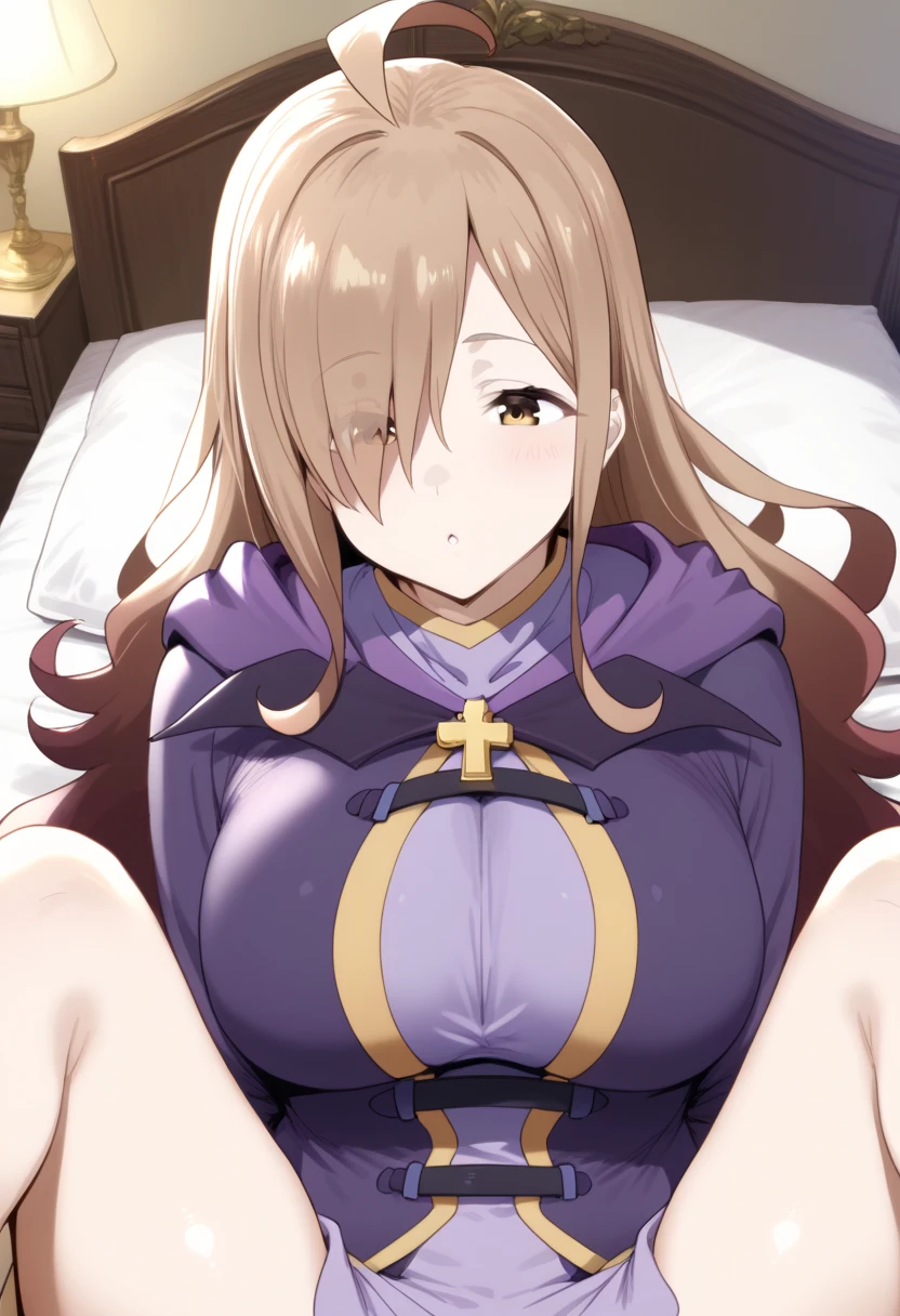 sigui \(queens blade r\), nun, 20yo,young female, brown long hair, bangs, green eyes, purple cape on her head, purple outfit, cleavage cutout, cleavage, puffy sleeves, jewelry, necklace,(short torso),rarge breasts,bare breasts,nipples,(orgasm face),open mouth,Glowering look,ecstasy,blush, (man:1.3), (vaginal penis), hetero, (lying:1.4), (girl spread legs:1.4), (intense Sex:1.6),raise a waist (cum out), (on bed), sunlight, nsfw, (pov), break background church