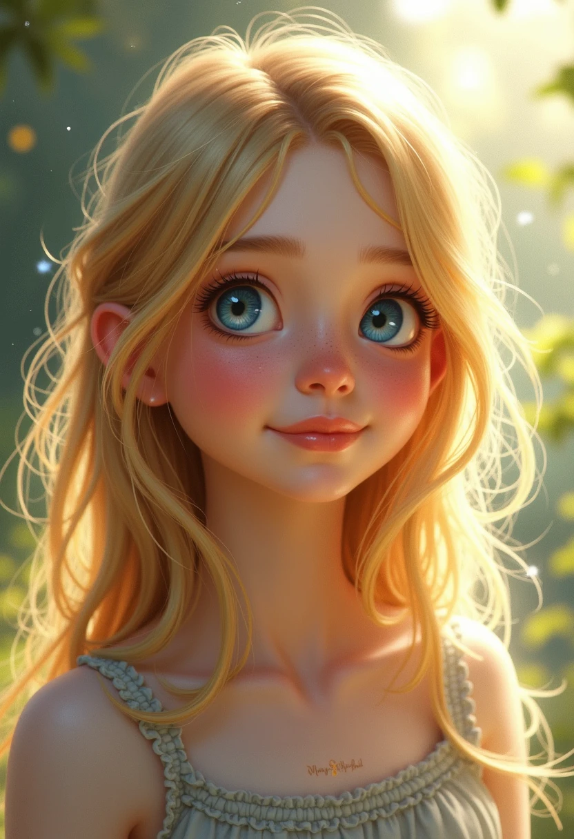 Portrait of a beautiful blonde 13 year old girl with blue eyes and a cheerful look 