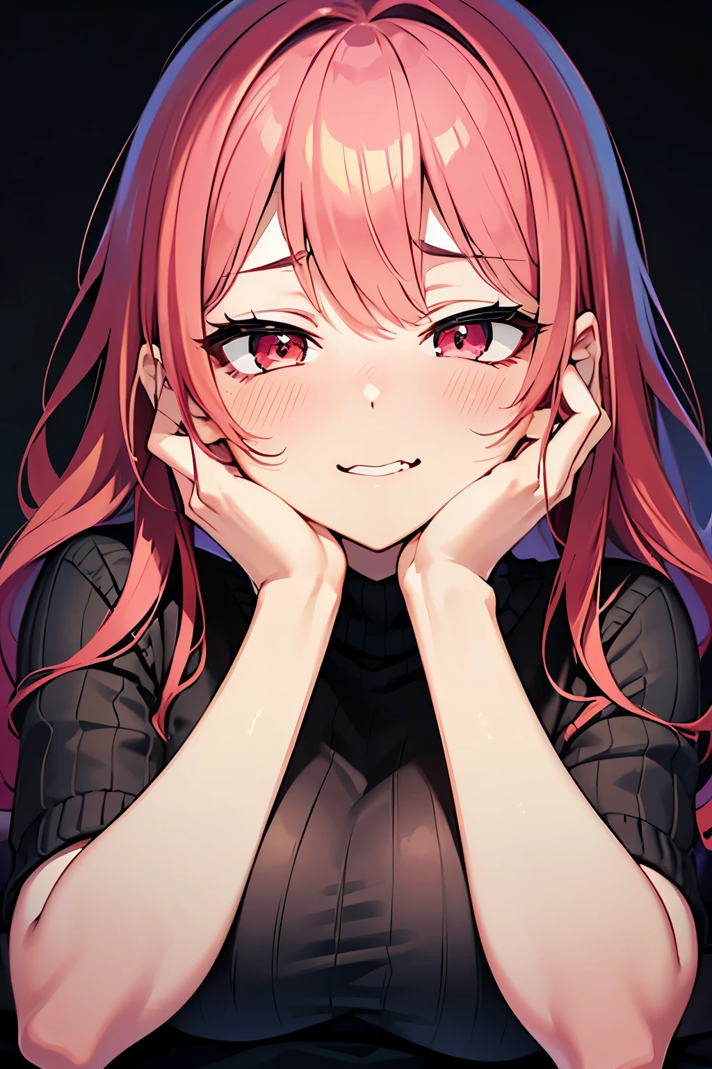 masterpiece, Best Quality, Illustration, Ultra-detailed, finely detail, hight resolution, 8K Wallpaper, Perfect dynamic composition, Beautiful detailed red eyes, sweater, pink hair, big breasts, sneering, a 18 year old girl, (kawaii:1.3), (Beautie:1.2), Sexy shot looking at camera, sidelong glance, glares, sullenness, Downer, make up, (hands on own cheeks:1.7), (恍惚な表情:1.5), crazy smile, upper body, (yandere:1.4), (glowing eyes:1.2), 少し開いた口