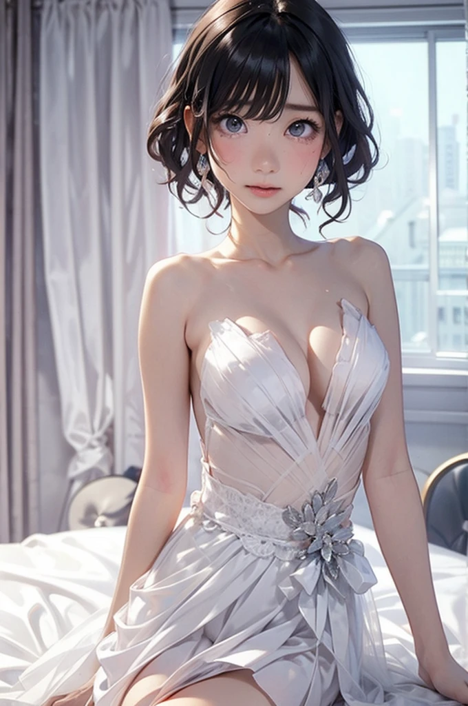 absurdres, RAW photo, extremely delicate and beautiful, masterpiece, Best Quality, ultra high resolution, 32k, hyperrealistic, ultra-detailed, detailed description, pale skin, 20 years old, tearful mole, earring, Colossal tits, short medium hair, wavy hair, full body shot, alone, Victorian, dress,