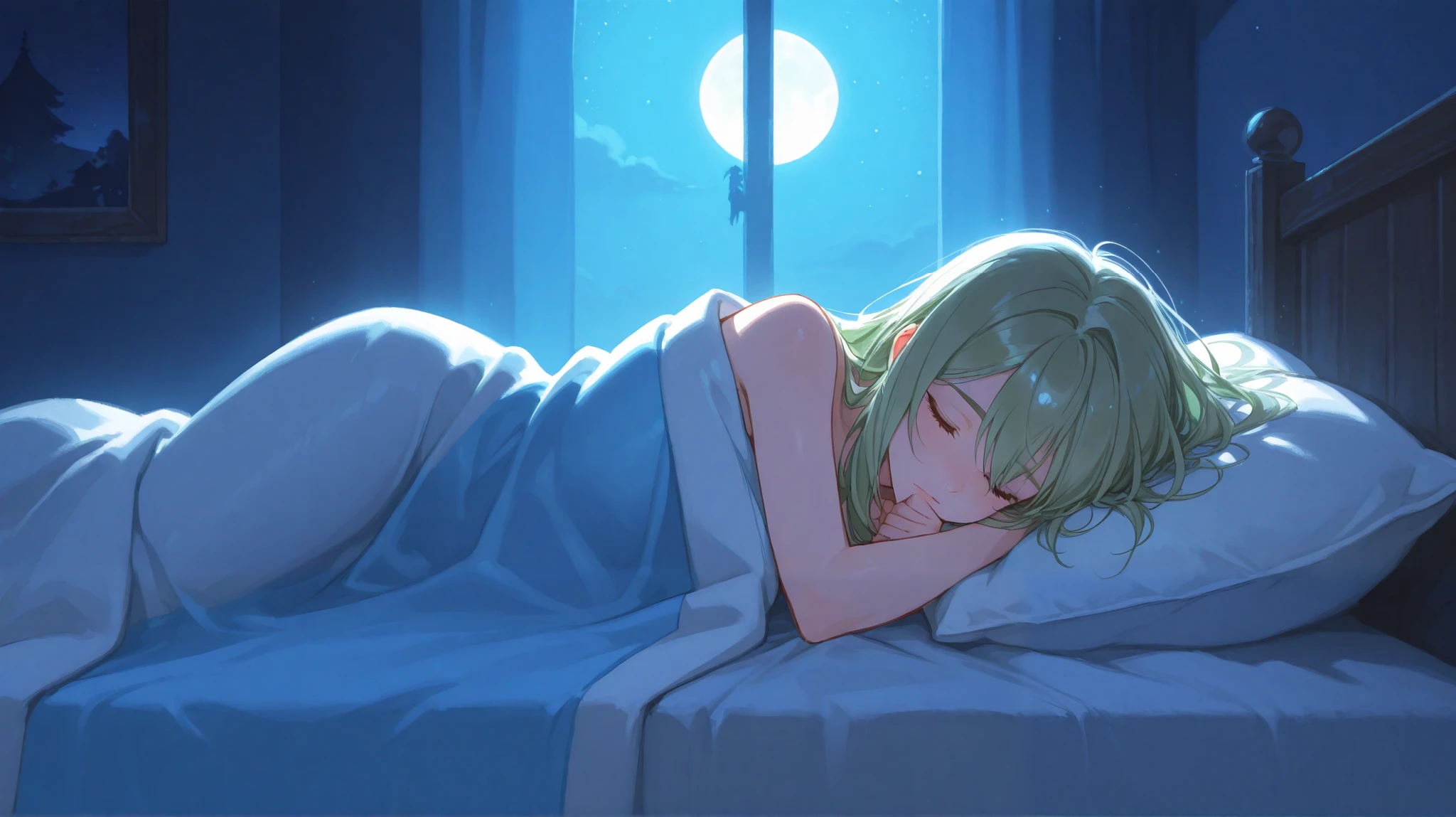 Mia asleep in Nathan's arms, his face peaceful as he unconsciously pulls her closer. The bedroom is bathed in soft blue moonlight, their silhouettes tangled under the covers.