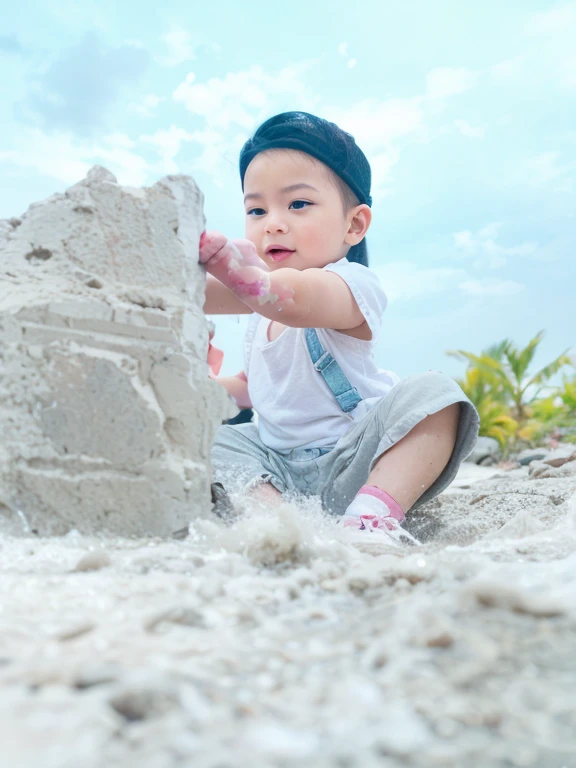 A Small kid with a body made out of pebbles standing while tearing himslef apart and hanging the pebbles to an older version of themselves with a body made out of stone