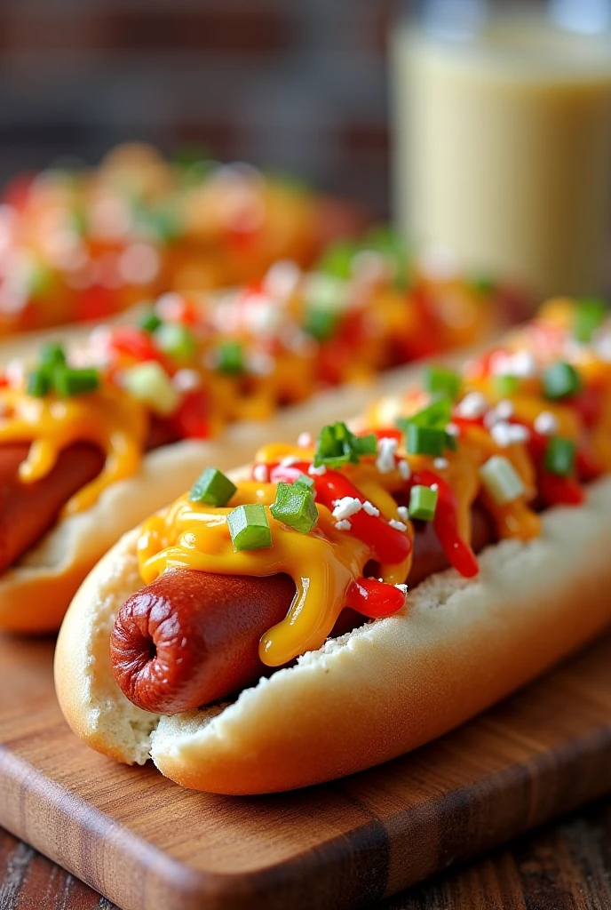(photorealism:1.2), cheesy hotdogs melted cheese, vegetables, onions, a commercial break with text BURGER WAYS, by Greg Rutkowski, by Alphonse Mucha