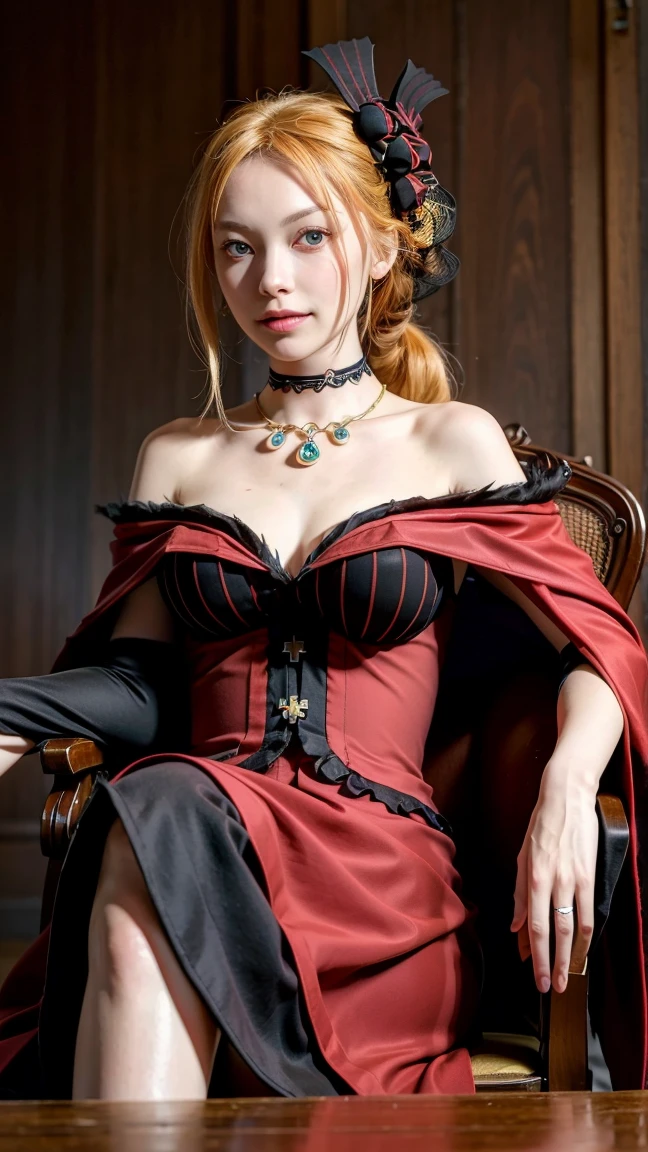 Sole female, Realistic, genshin impact, Lynette,wearing long party dress, revealing, (( waist split)), blonde, red dress, gentle smile, mansion, ((off shoulder)), cleavage,  cat ears, standing, necklace 