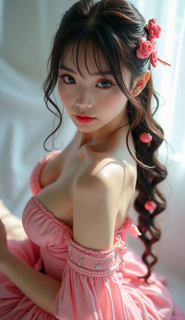 best quality,masterpiece,extremely detailed,high res,4k,ultra high res,short hair,detailed shadow,ultra realistic,realistic,dramatic lighting,1girl,solo,detailed face,realistic eyes,realistic skin,white dress,purple hair,dynamic pose, white lace dress,smile