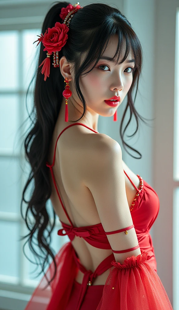 vibrant colors, female, masterpiece, sharp focus, best quality, depth of field, cinematic lighting, white hair, red eyes, braid, dress, long hair, red eyes, tattoo, earrings, jewelry, black dress, hair ornament, bangs, chinese clothes, breasts, china dress, sleeveless,
