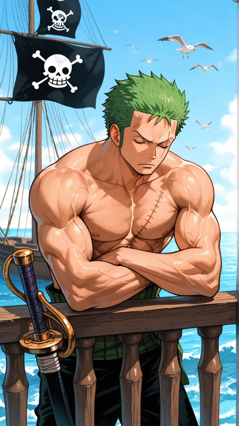 Roronoa Zoro,Obsessed with masturbation,naked,Excited expression,Erect penis,Highest quality,masterpiece,Ultra HD,Correct body structure,Ship deck,night