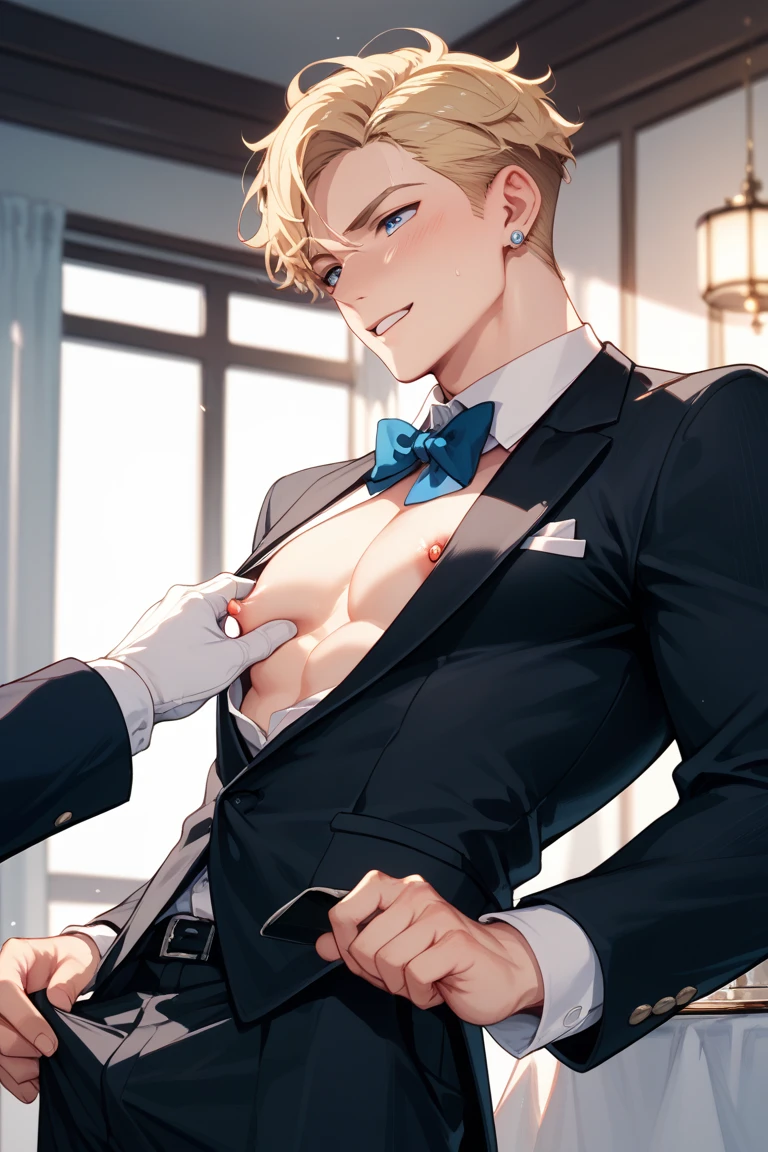vane /(granblue fantasy/)、muste piece, ,NSFW,best quality,male,solo,beautiful detailed skin、Glittering oiled skin,blush、(white shirt, black vest,detailed face,blush,Panting、泣いている,orgasm:1.2), complicated and elegant、sexy、 Strong muscles、spread legs,(anal,penis,sex,projectile cum,semen,:1.3),kitchen