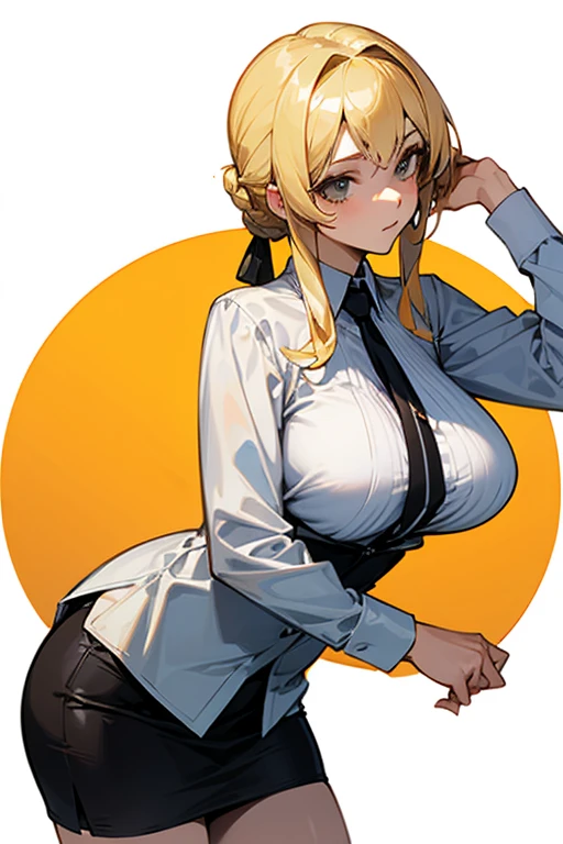 blonde ponytail、ahog、Big, round red eyes、smile slightly、Illustration of a beautiful girl wearing a white shirt and jeans，huge cleavage，huge ，Grooves reveal original skin