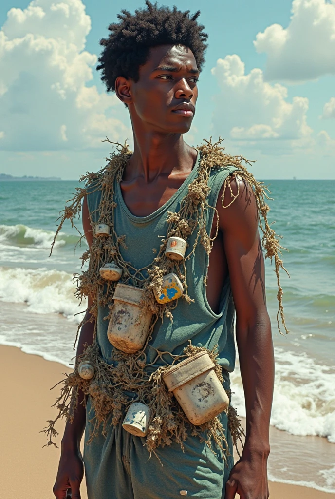 young African xhosa boy, handsome boy holding a long stick on left hand, holding a bucket, silver steel bucket of fish, he is stand on the beach, near the ocean with a beautiful Cape Town sunset with bright colours, blue sky, African penguin on the beach, cape gannet flying in the air, birds flying, realistic image, photo real, cinematic view, dramatic scene, shot with HD canon camera