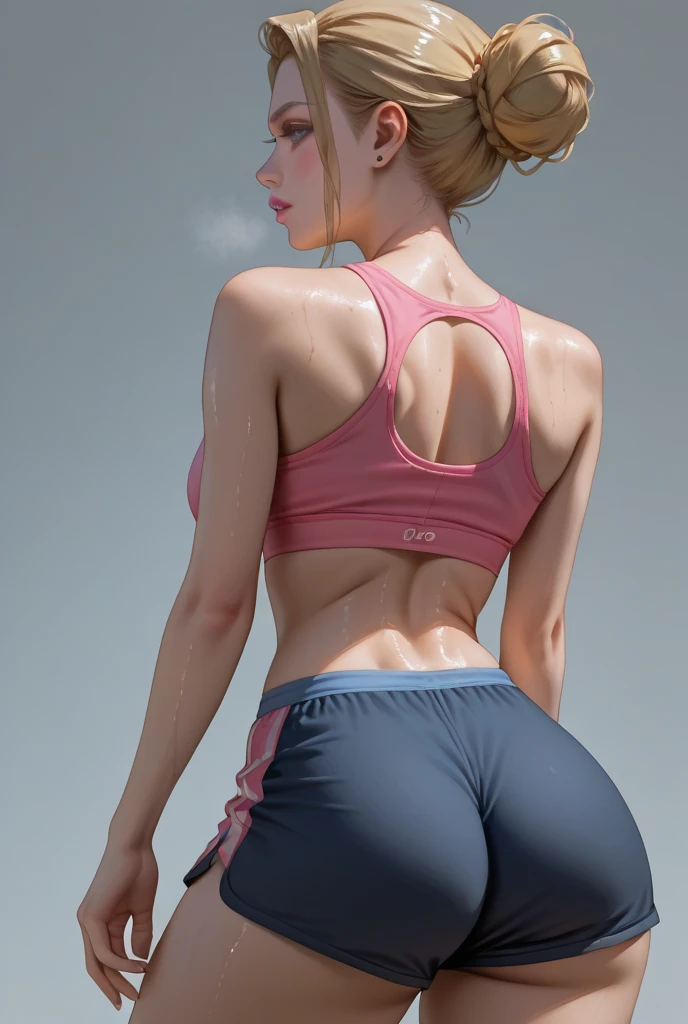 Masterpiece, blonde girl, 18 years old, blue eyes, wet skin, wearing a blue sports bra, white booty shorts, shocked, moth open, scared, realistic 
