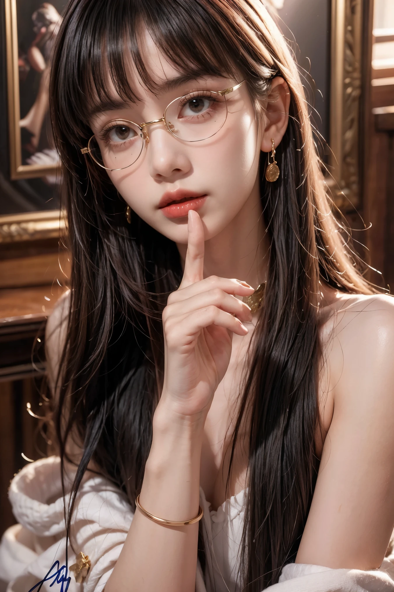 (8K、top-quality、​masterpiece、超A high resolution: 1.2)、Intelligent adult woman、From  above:1.2、Chest that seems to burst、Embarrassing upward look:1.4、angry、独奏、extremely detailed eye and face、sexy  pose、moonlit room、super detailing、​masterpiece、hight resolution、8K Picture Wallpaper、finely detail、disheveled button shirt、eye glasses、huge filesize、all-fours